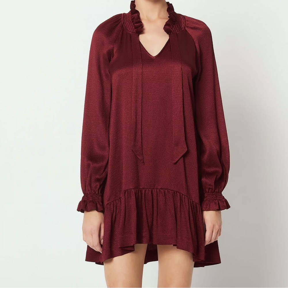 Sandro Paris Tie Neck Ruffle Hem Mini Dress US 8 FR 40 Womens Burgundy $395